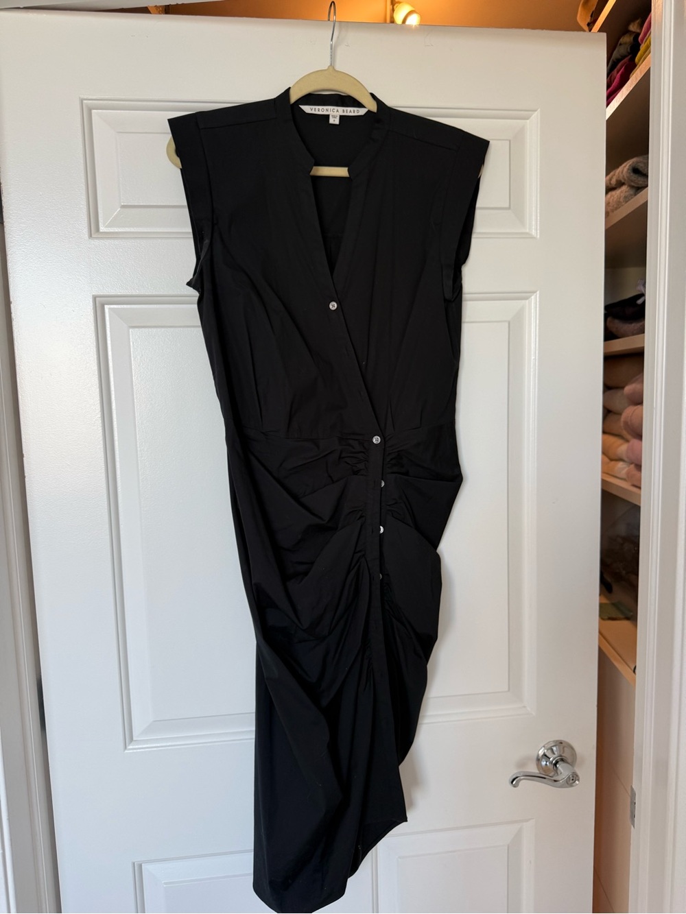Veronica Beard Black Ruched Button-Front Midi Dress